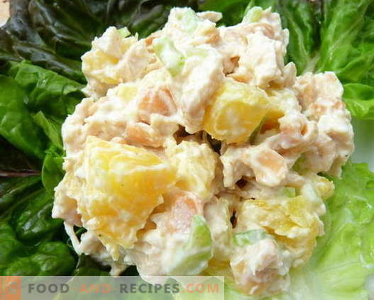 Les meilleures recettes sont les salades de poulet, d’ananas et de champignons. Comment préparer correctement et délicieusement une salade au poulet, à l'ananas et aux champignons