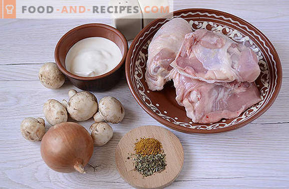 Ragoût de poulet aux champignons: nourrissant et parfumé! Recette pas à pas de l'auteur: poulet à la cuisson rapide aux champignons dans une cocotte