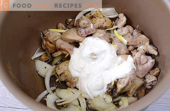 Ragoût de poulet aux champignons: nourrissant et parfumé! Recette pas à pas de l'auteur: poulet à la cuisson rapide aux champignons dans une cocotte