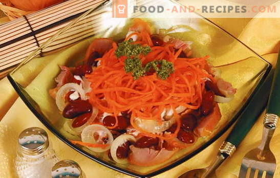 Salade de haricots riche et saine avec des carottes, de la viande, des champignons et du fromage. Les meilleures recettes pour la salade de haricots aux carottes: tous les jours, festive