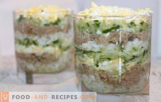 Salade de foie de morue avec riz - des options de cuisson pour une collation santé. Recettes pour la salade de foie de morue avec du riz: simple et gonflé