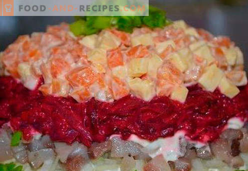 Salade en couches avec du saumon - les bonnes recettes. Salade cuite rapidement et savoureuse en couches avec du saumon.