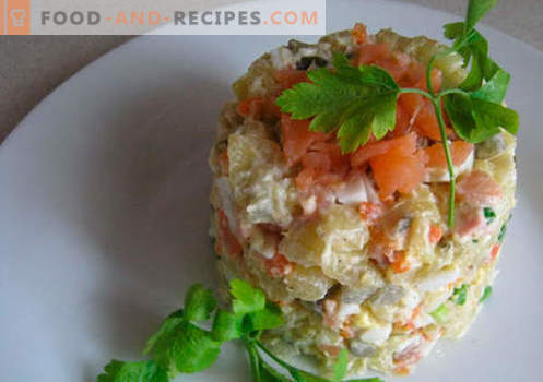 Salade au saumon salé - les bonnes recettes. Salade cuite rapidement et savoureuse avec du saumon légèrement salé.