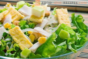 Recettes pour les salades. Salade Mimosa, César, Grecque, Poulet, Crabe ...